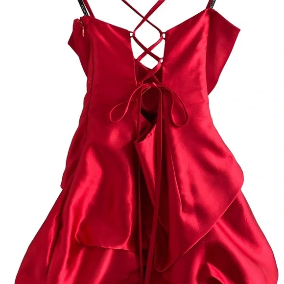 Jessica McClintock for Gunne Sax Red Bubble Dress String Crisscross Back - Picture 5 of 14